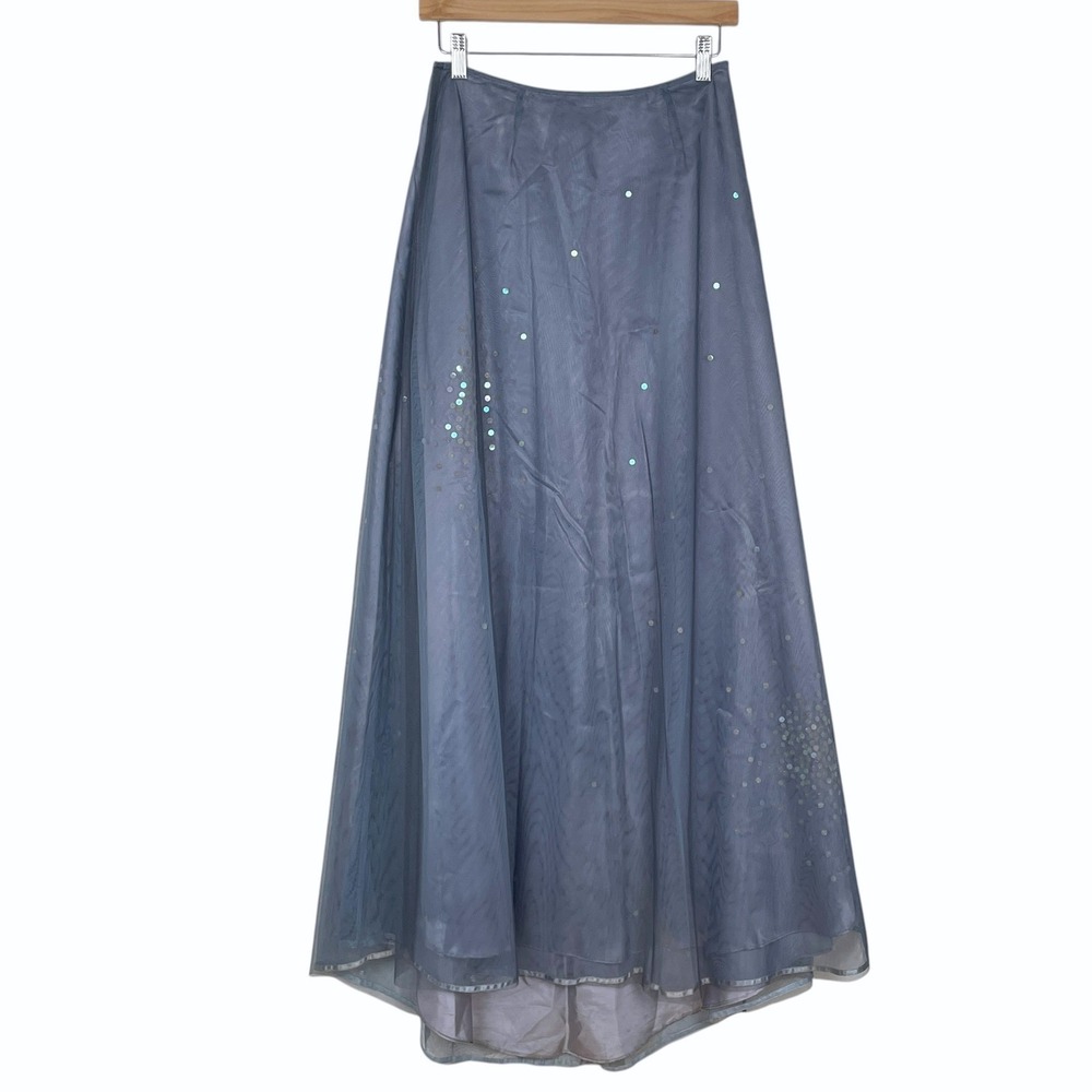 VTG Express Blue Gray Sequin Mesh Maxi Skirt Size 3/4 Y2K Fairycore Whimsigoth